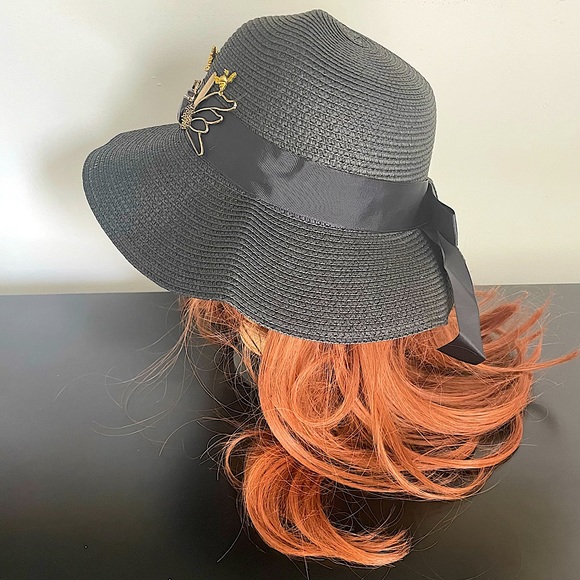 Gold Insects on Gold Flowers Black Summer Hat - Picture 4 of 8